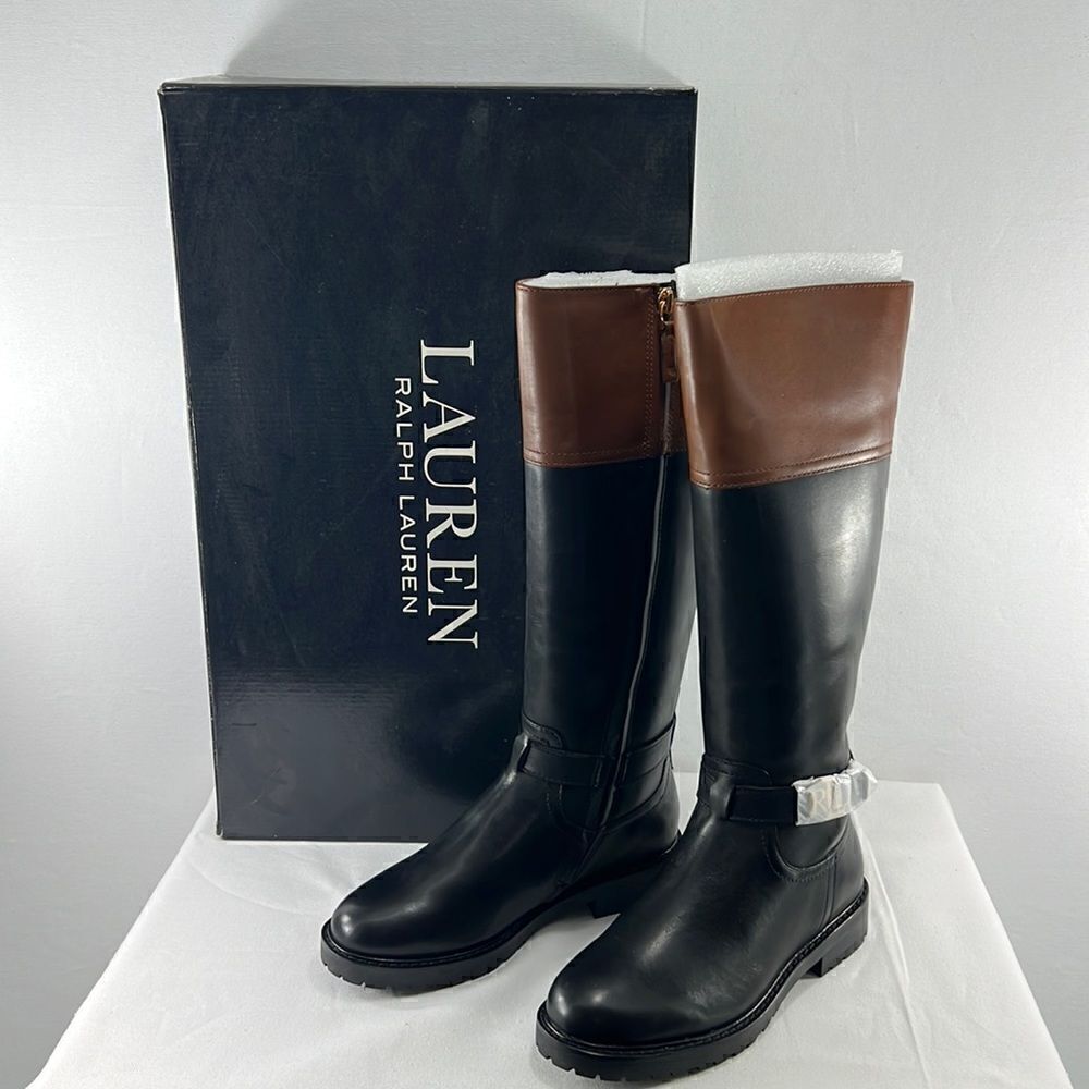 Lauren by Ralph Lauren Everly Riding Boots Black/Desert Tan sz 5B
